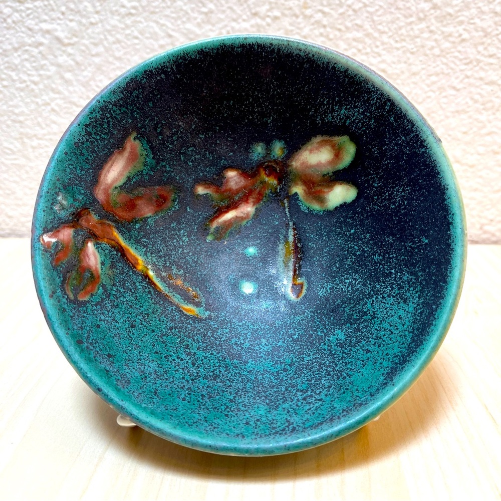 Porcelain ceramic bowl with dragonfly design. Hand thrown & painted. Signed.
